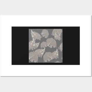 Woolly Mammoth and Woolly Rhino on Gray Grey background Posters and Art